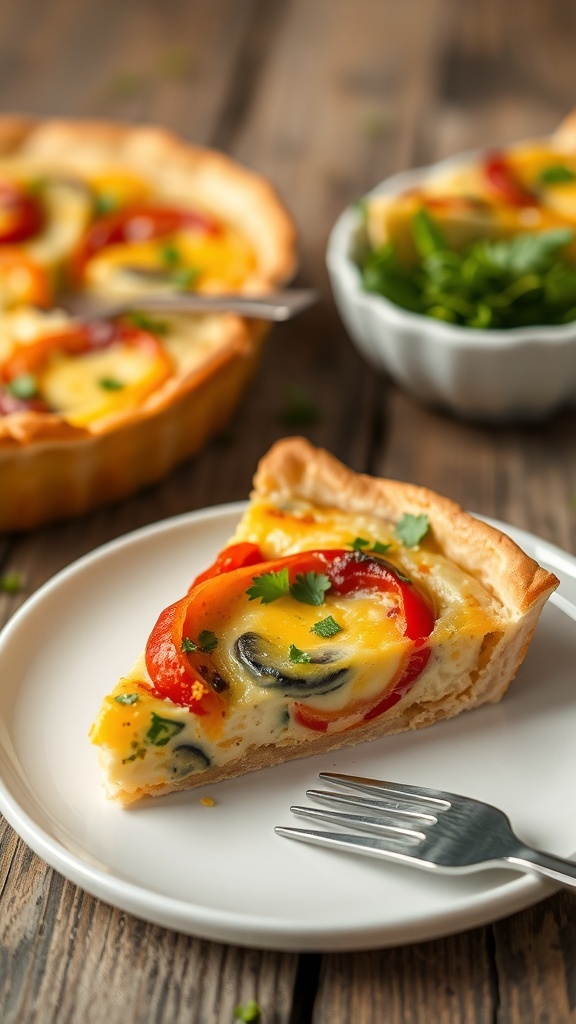 A slice of quiche with a flaky crust, filled with eggs, cheese, and vegetables on a plate with a fork.